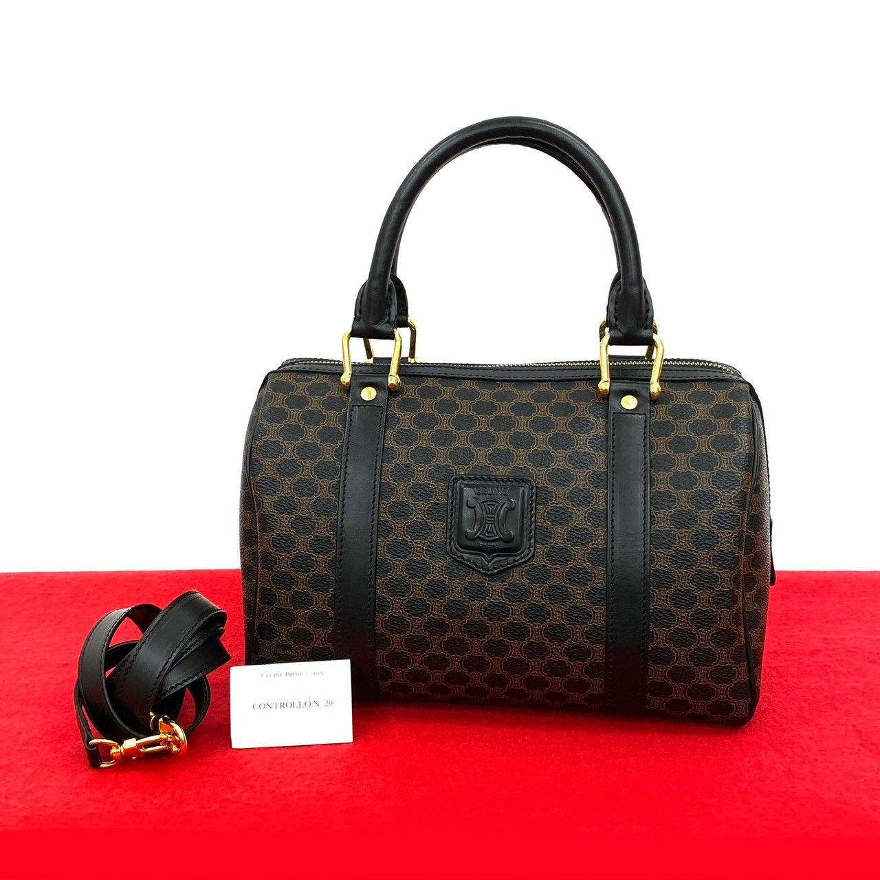 セリーヌ ヴィンテージ ハンドバッグ マカダム ブラック 黒 キャンバス レザー 極 美品 CELINE セリーヌ ヴィンテージ マカダム ブラゾン 柄