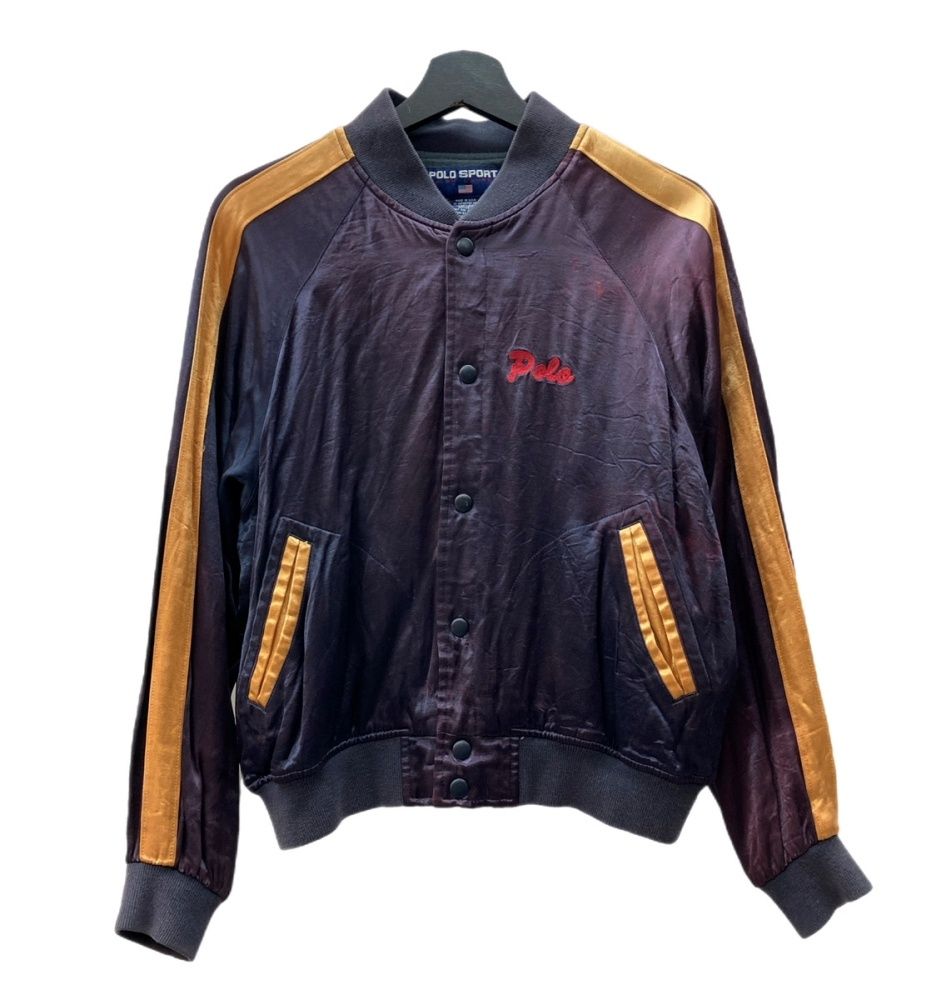 ラルフローレン RalphLauren SPORT 90s Souvenir Jacket スカジャン 横須賀ジャンパー チェーンステッチ POLO サテン 紺 ジャケット ロゴ ネイビー Sサイズ 104MT-1477