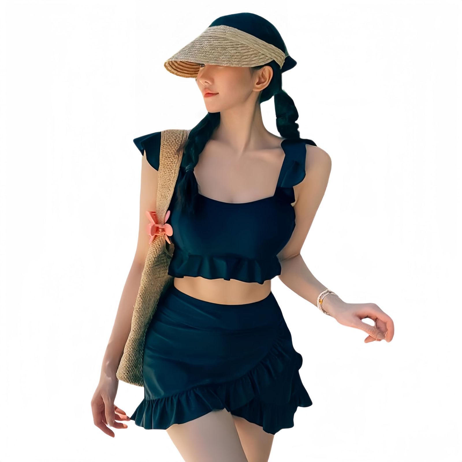 海水浴 泳衣 温泉 ビスチェ風 スイムウェア 女性水着 かわいい フリル フレア ハイウエスト スカート 2点セット ビキニ 体型カバー レディース 水着 [Winsuteki]