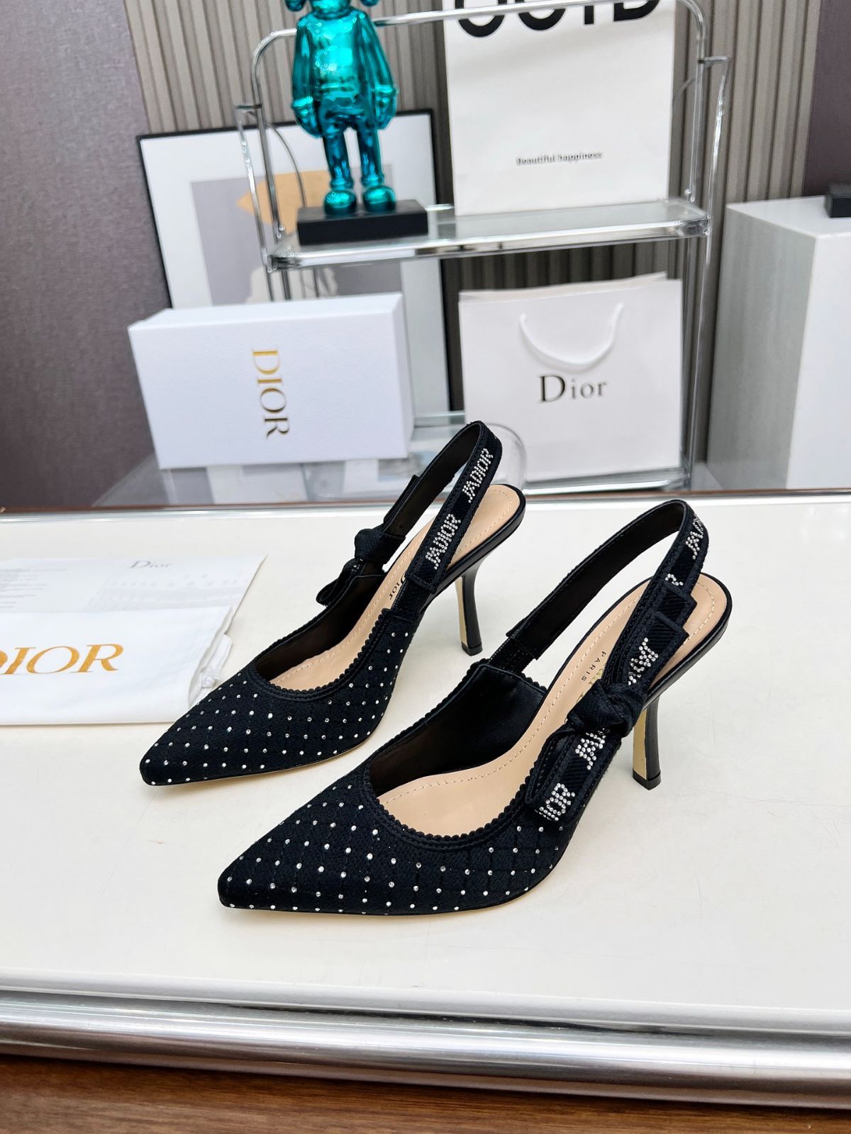 Dior 刺繍ハイヒール アルファベットロゴリボンサンダル02-2