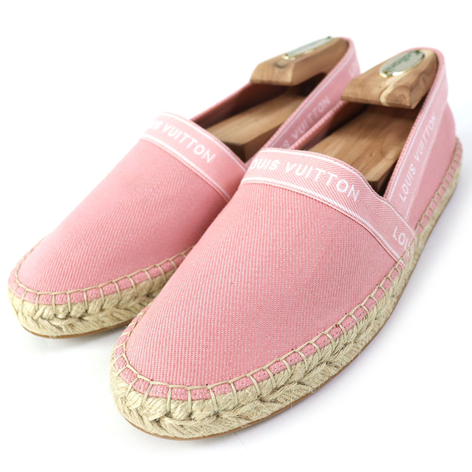 極美品△LOUIS VUITTON ルイヴィトン キャンバス テープロゴ エスパドリーユ フラットシューズ スリッポン ピンク 37 イタリア製 レディース
