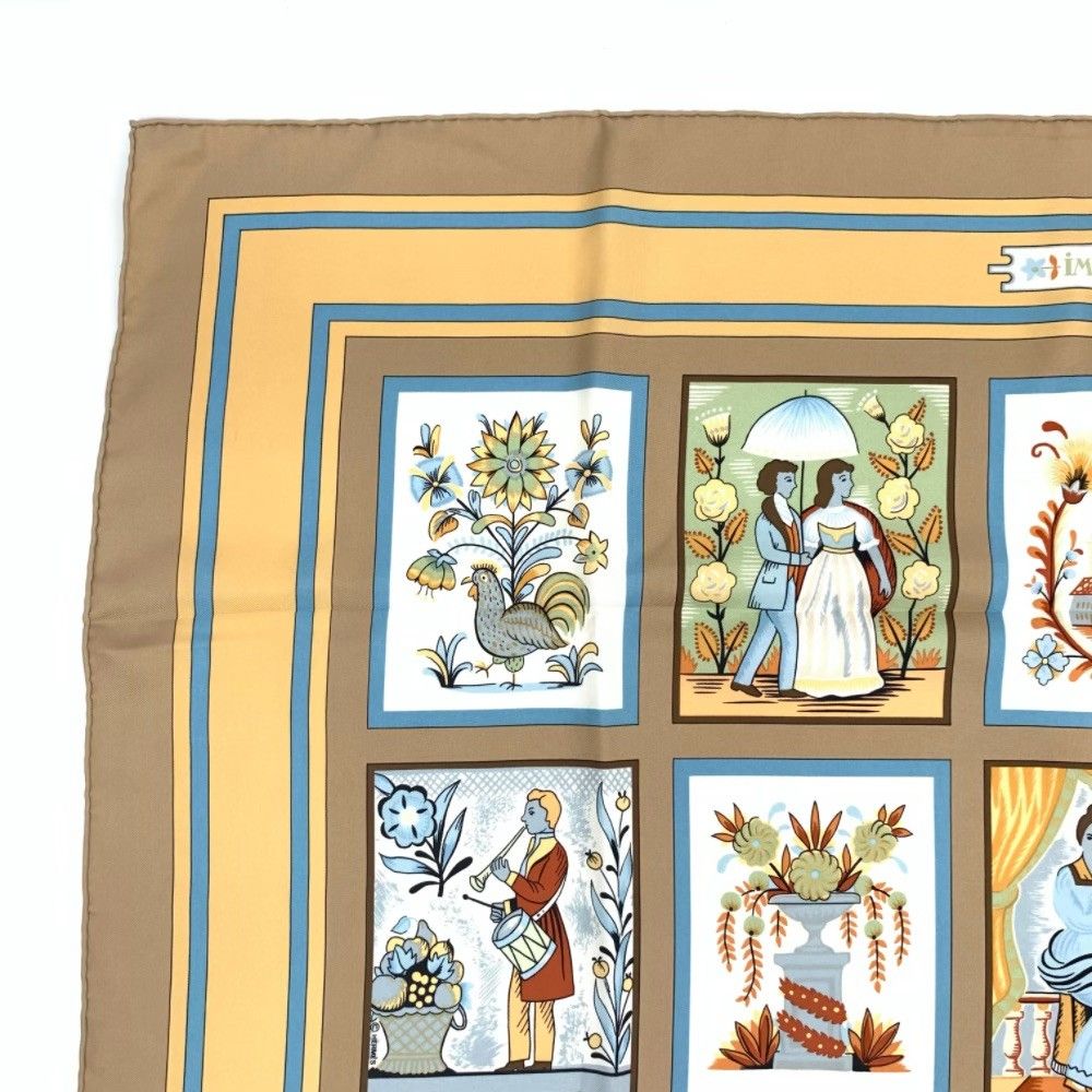 ☘️展示品 未使用☘️ HERMES　IMAGERIE 大衆版画　カレ90 HERMES エルメス カレ90 スカーフ IMAGERIE 大衆版画 ベージュ