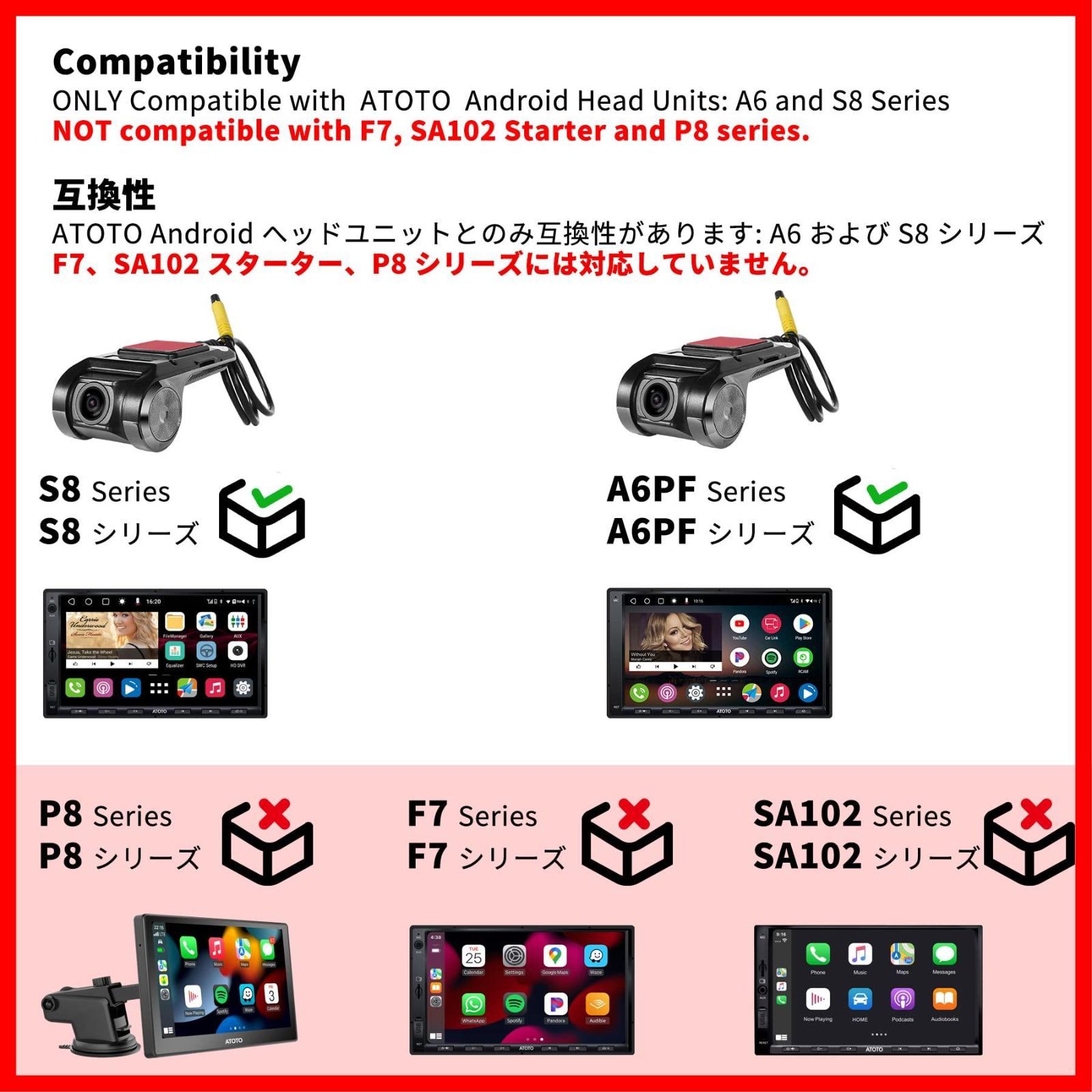 数量限定】シリーズと互換性があります。F7シリーズ、P8シリーズには非対応 S8 & 液晶 A6 DVRオンダッシュカメラ-カメラ側で録画-ATOTO  USB 1080P AC-44P2 ATOTO - メルカリ