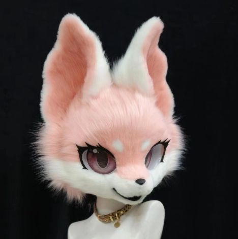 着ぐるみヘッド ファースーツ キツネ ライトピンク 立ち耳 全頭ヘッド ケモノ マスク ぬいぐるみ コスプレ コスチューム