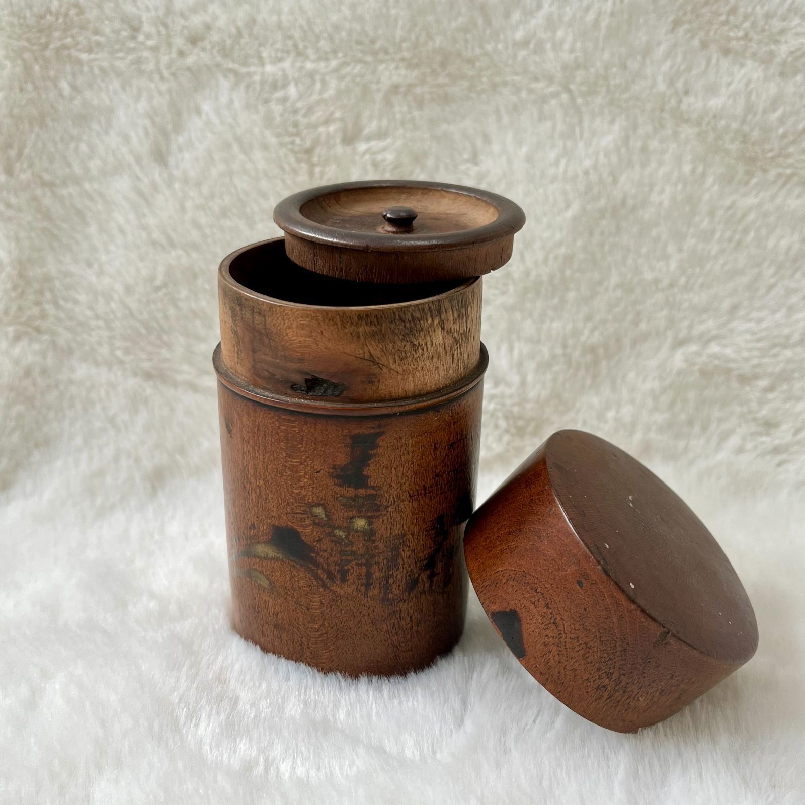 伝統工芸 木製茶入 山水絵 書道装飾 貯茶用 和風茶道具 コレクション 古美術 茶葉保存容器 工芸品