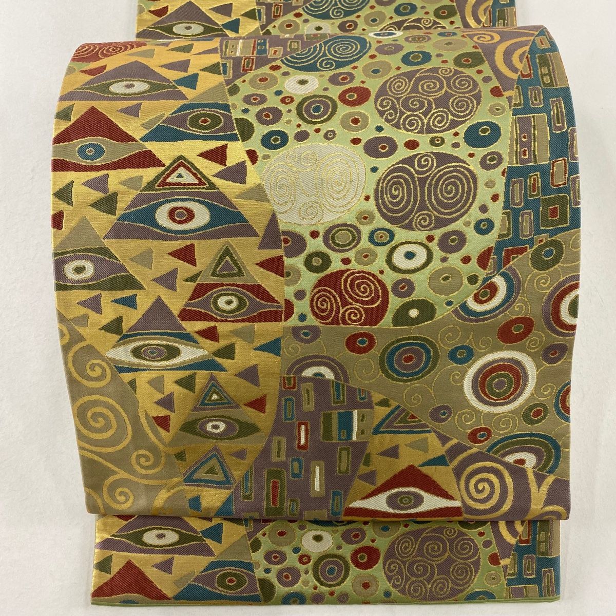 袋帯 秀品 幾何学模様 箔 金色 六通 正絹