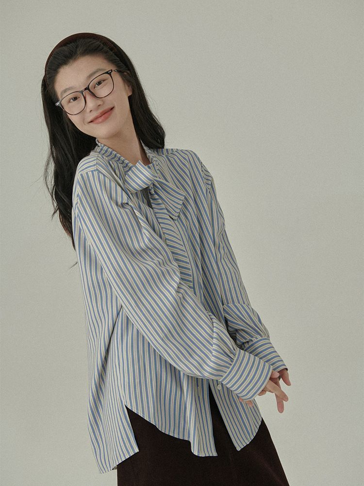 美品✨ジャスグリッティ ボウタイ リボン ブラウス　ストライプ　ゆったりM 美品✨ジャスグリッティ ボウタイ リボン ブラウス ストライプ