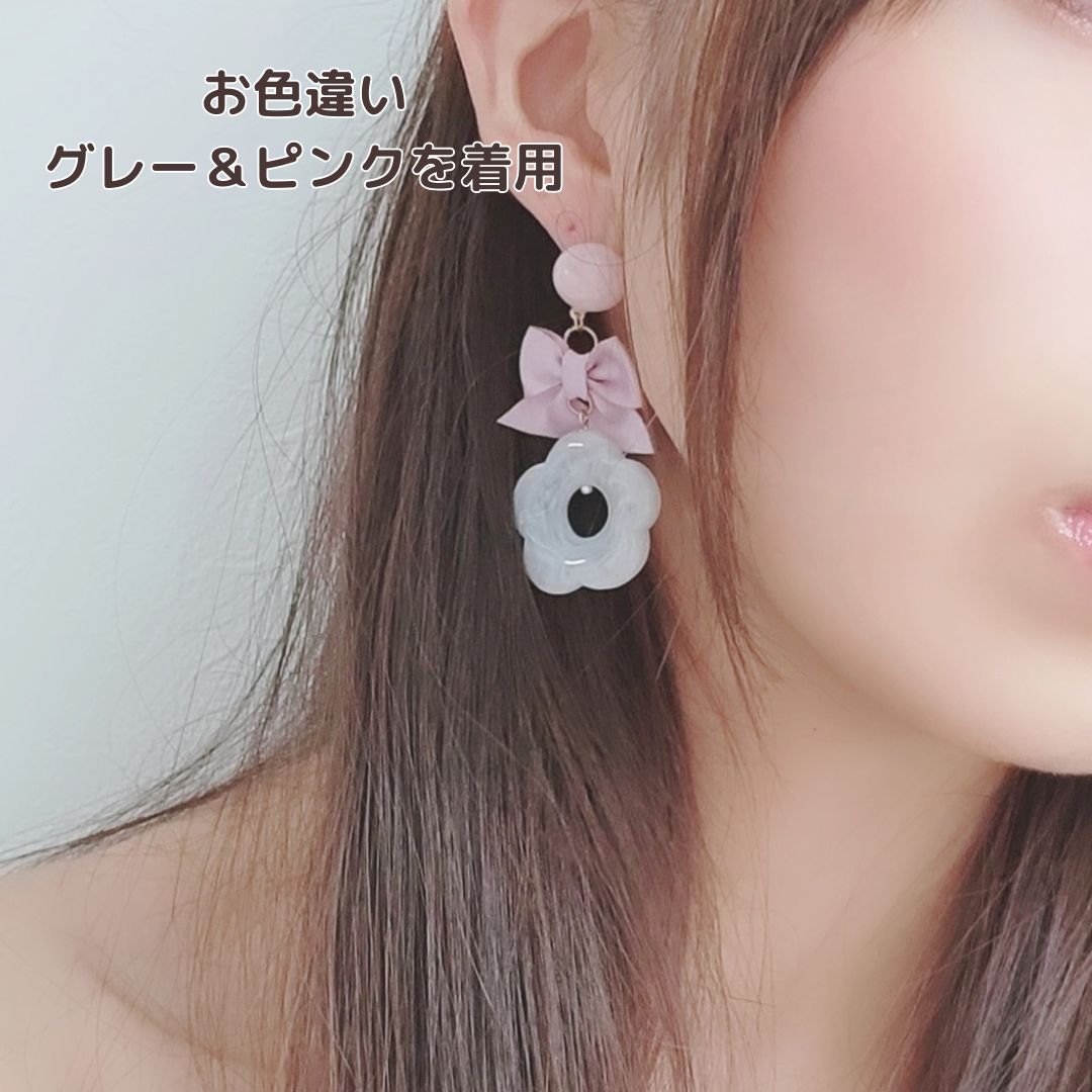 サテンリボンとフラワービーズのガーリーハンドメイドピアス