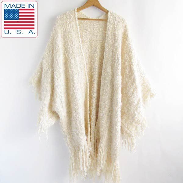 ポンチョ カーディガン フリンジ付き アメリカ製 生成り系 フォークロア ビンテージ PV-19-9224ZVW