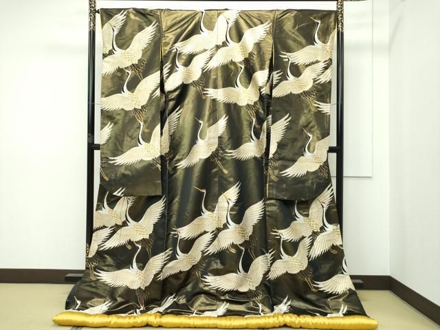 平和屋本店□極上 西陣 本場縞大島紬 18算 格子柄 みしな織物謹製 黒地  