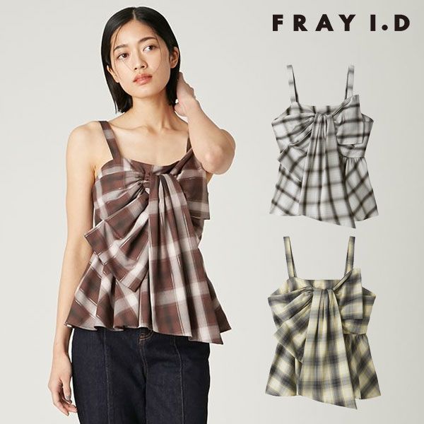 10%OFF フレイアイディー FRAY I.D トップス 25秋冬 オンブレラメチェックリボンキャミ キャミソール ノースリーブ 柄 fwfb254252