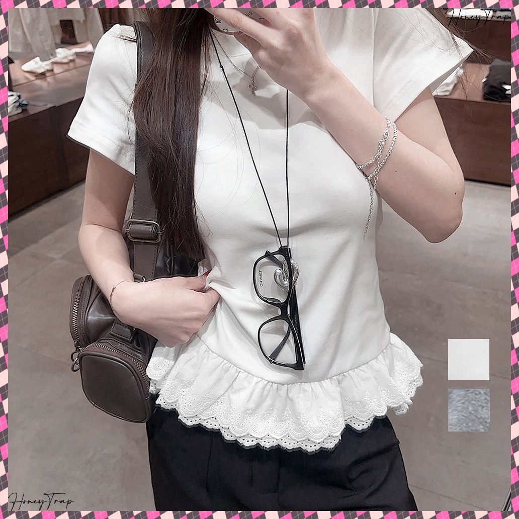 tシャツ 裾切替レースフリルレイヤード半袖Ｔシャツ レディース Tシャツ 裾レース切替 カットソー 夏服 レディース レースフリル