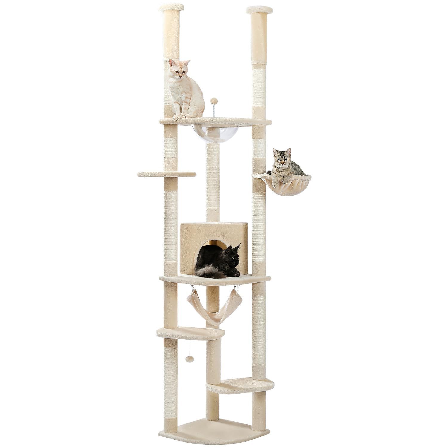 商品 ツッパリ 猫タワー 突っ張り スリム 省スペース 透明 宇宙船ハンモック キャットタワー おもちゃ 麻紐 爪とぎ 運動不足解消 PETEPELAぺテぺラ 多頭飼い - ベージュ 高さ調整幅236-258cm