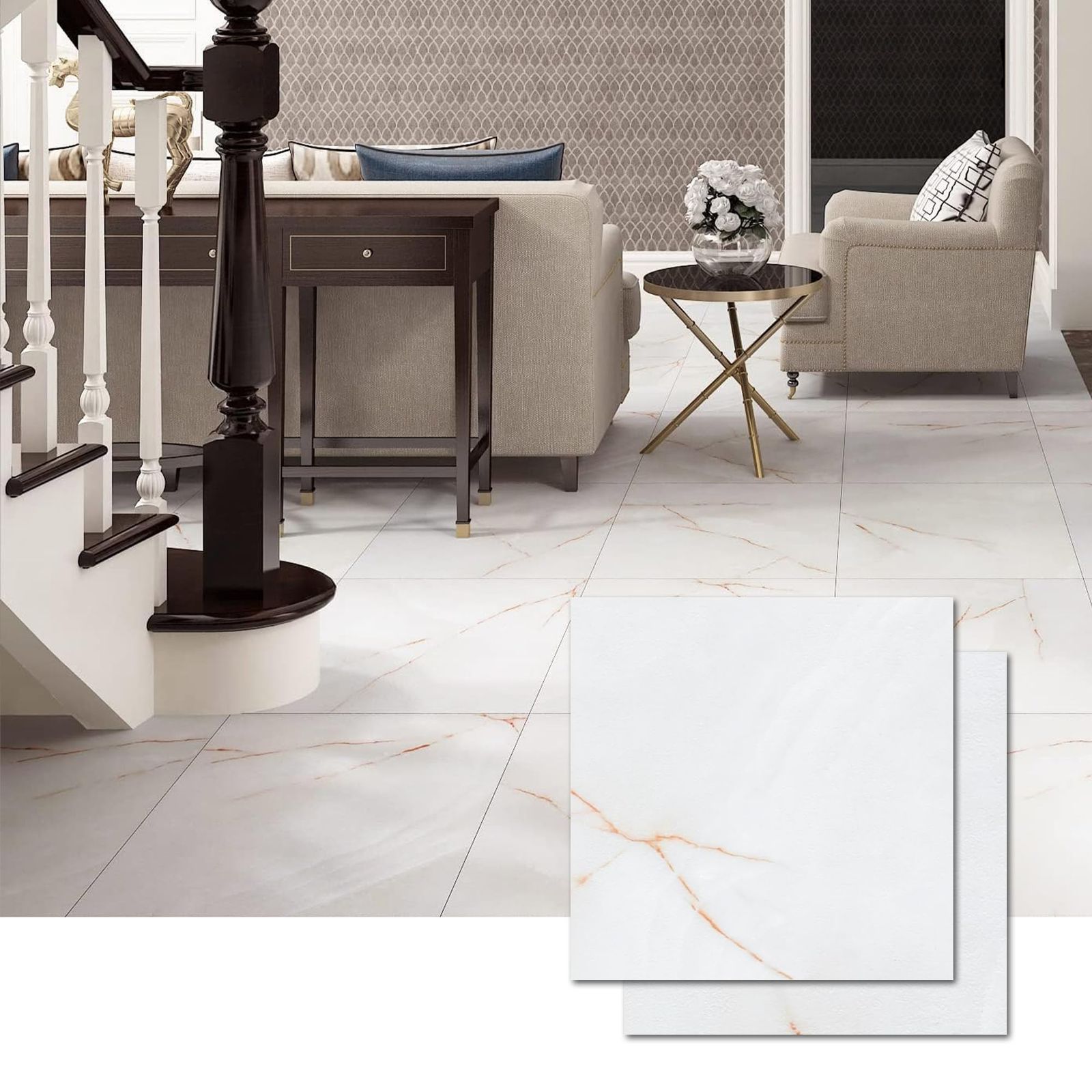 フロアタイル 置くだけ 大理石 床 シート 54枚|約3畳 クッション フロア マット トイレ 防水 フロリング マット 玄関 床 diy 張り替え リメイク シート 床材 グレーX赤 型番号030