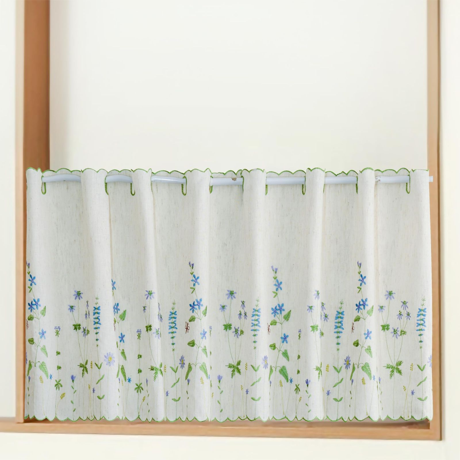 【在庫処分】PKT刺繍カフェカーテン45，麻生地窓目隠しカフェカーテン45丈 (麻グリーン花刺繍 45丈X150CM)
