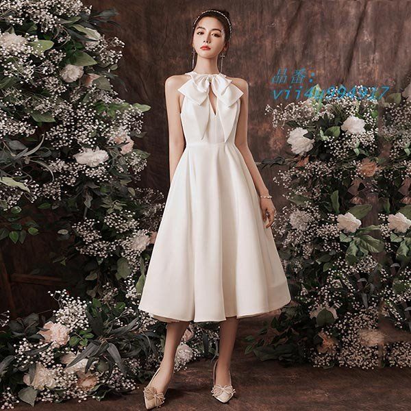 ミモレドレス ひざ下丈ドレス 演奏会 ピアノ 発表会 ホルターネック 小さいサイズ ファスナー ミディアムドレス 袖なし 大人 ノースリーブ XZ0524