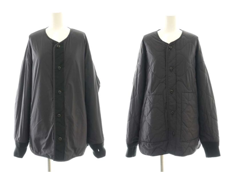 ハクウ Hakuu Plage別注 QUILT JK WITH DOWN HOOD リバーシブル キルティングジャケット ノー フードマフラー付き S 紺 |MI OS