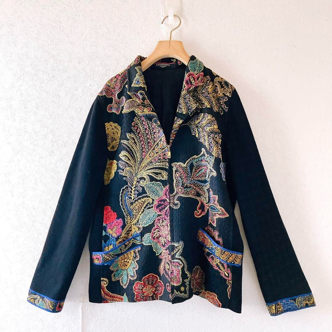 LEONARD レオナール シルク混 ニット ジャケット カーディガン 花柄