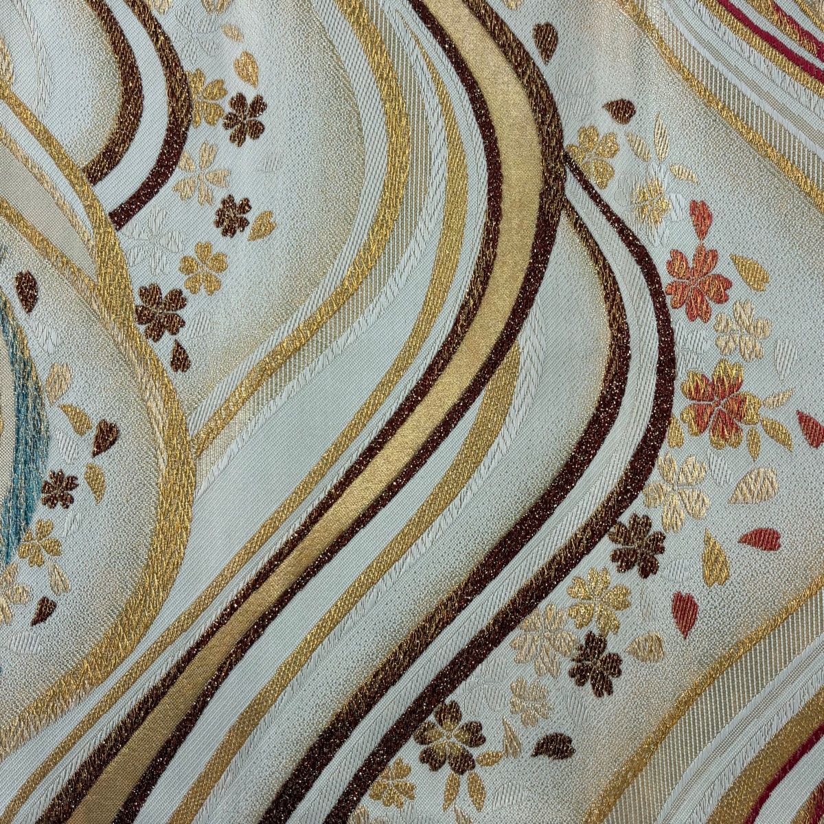 袋帯 六通 唐織 遠山 波 松 桜 金糸 緑地 秀粋元禄 袋帯 美品 秀品 桜 波 金糸 唐織 クリーム 六通 正絹 【中古