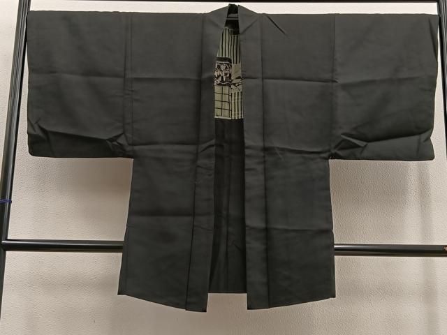 平和屋着物＃男性 長羽織 紬 黒緑色 正絹 BAAU0102gt