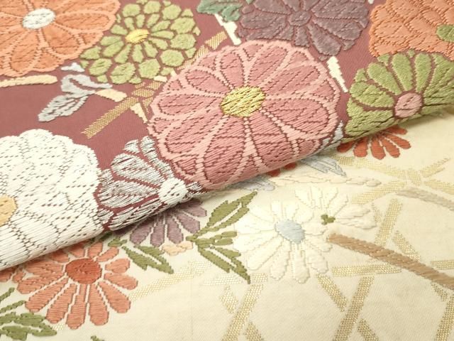 ◆955◆六通柄　袋帯　刺繍　華文　有職文様　唐花草　着物帯　和装着物 平和屋着物▽六通柄袋帯 唐織 籬草花横段文 金銀糸 正絹 逸品