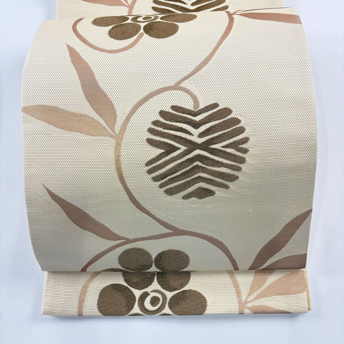 袋帯 美品 秀品 笹蔓 金糸 箔 ベージュ 六通 正絹 【中古