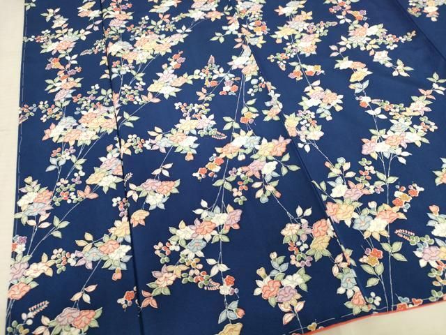 平和屋着物▽上質な小紋　単衣　藍　型染め　雲取り草花文　正絹　逸品　CAAV9449ze 平和屋着物▽上質な小紋 単衣 藍 型染め 雲取り草花文