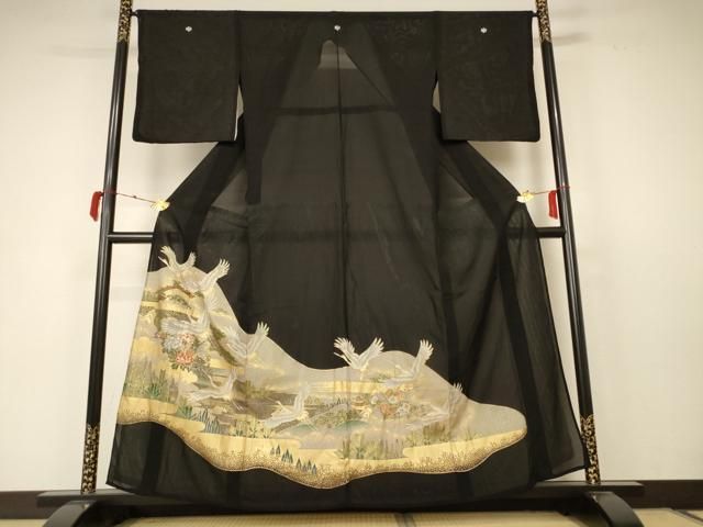 平和屋着物＊夏物 黒留袖 絽 風景舞鶴文 金彩 正絹 AABC1918jd