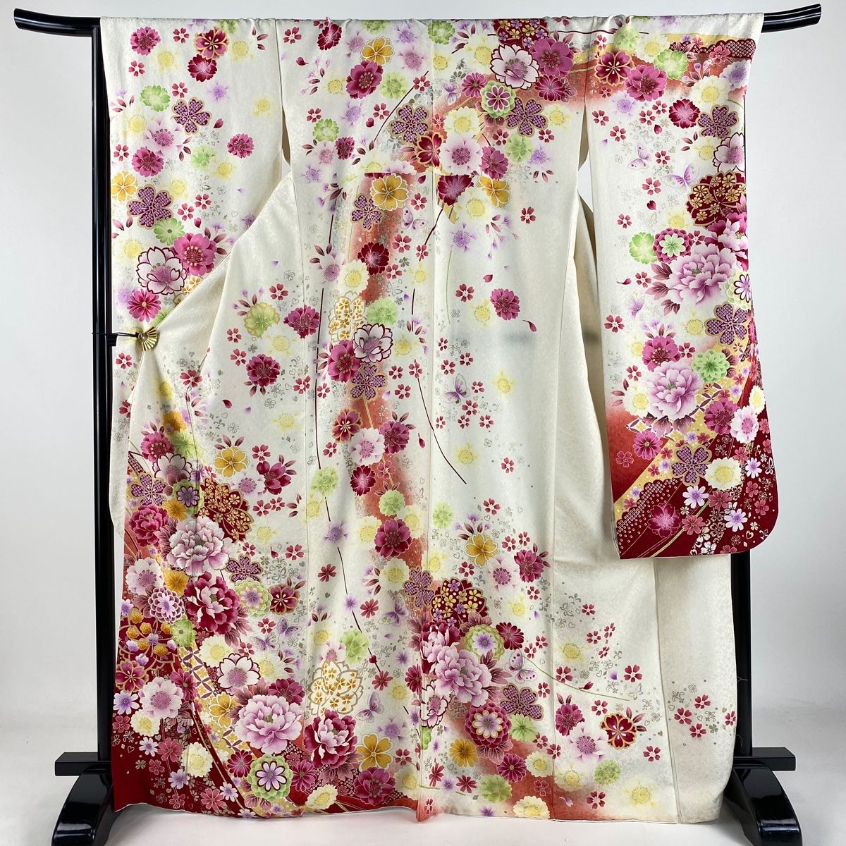 振袖 身丈169cm 裄丈68.5cm L 袷 牡丹 桜 刺繍 銀通し クリーム 正絹