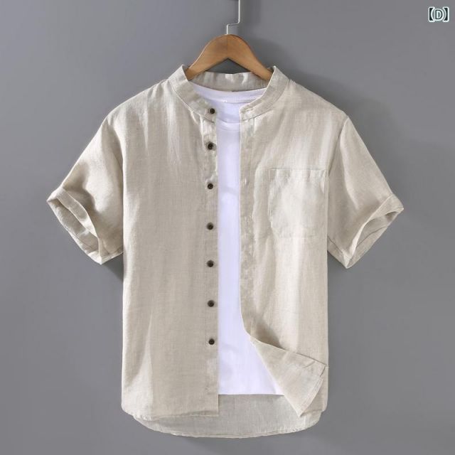 - 2XL メンズ ファッション 服 男性用 オシャレ シンプル 大人 かっこいい 大きいサイズ ストリート 紳士服 ライト リネン スタンド 半袖 シャツ リネン 夏 通気性 フル リネンシャツ KARIMZIABAT_FR