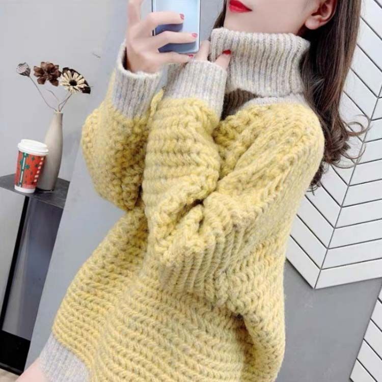  ロング丈 切り替え 長袖 無地 ハイネック お洒落 .色 ふわふわ素材 リブ 着.せ ゆったり 体型カバー 秋冬 厚手 ニット 配色 韓国風 太め糸 アウター 小顔効果 セーター トップス cjfj 143307 五分袖 七分袖 ニット セーター