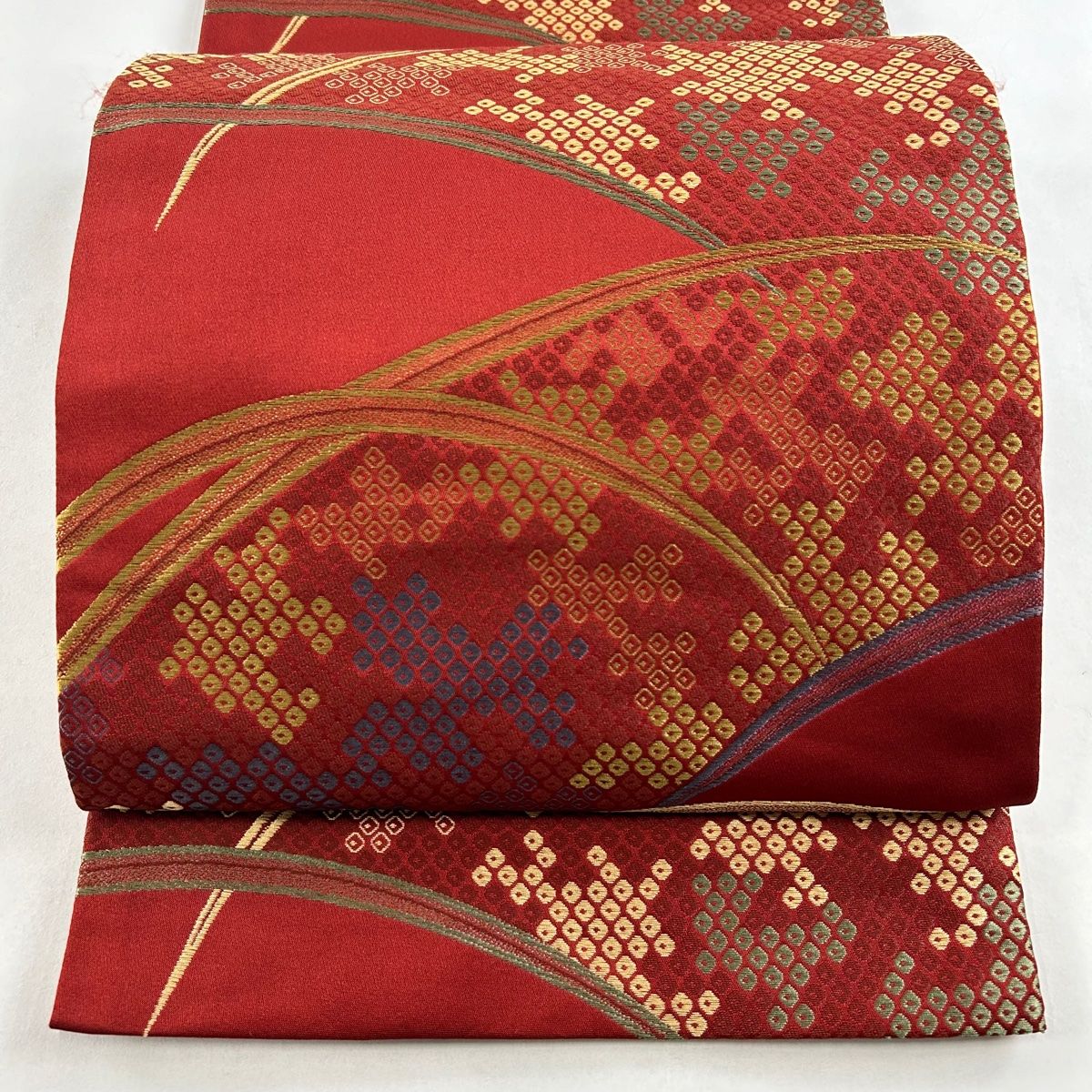 名古屋帯 丸に鶴 松葉模様 千種色 縮緬 O-5541