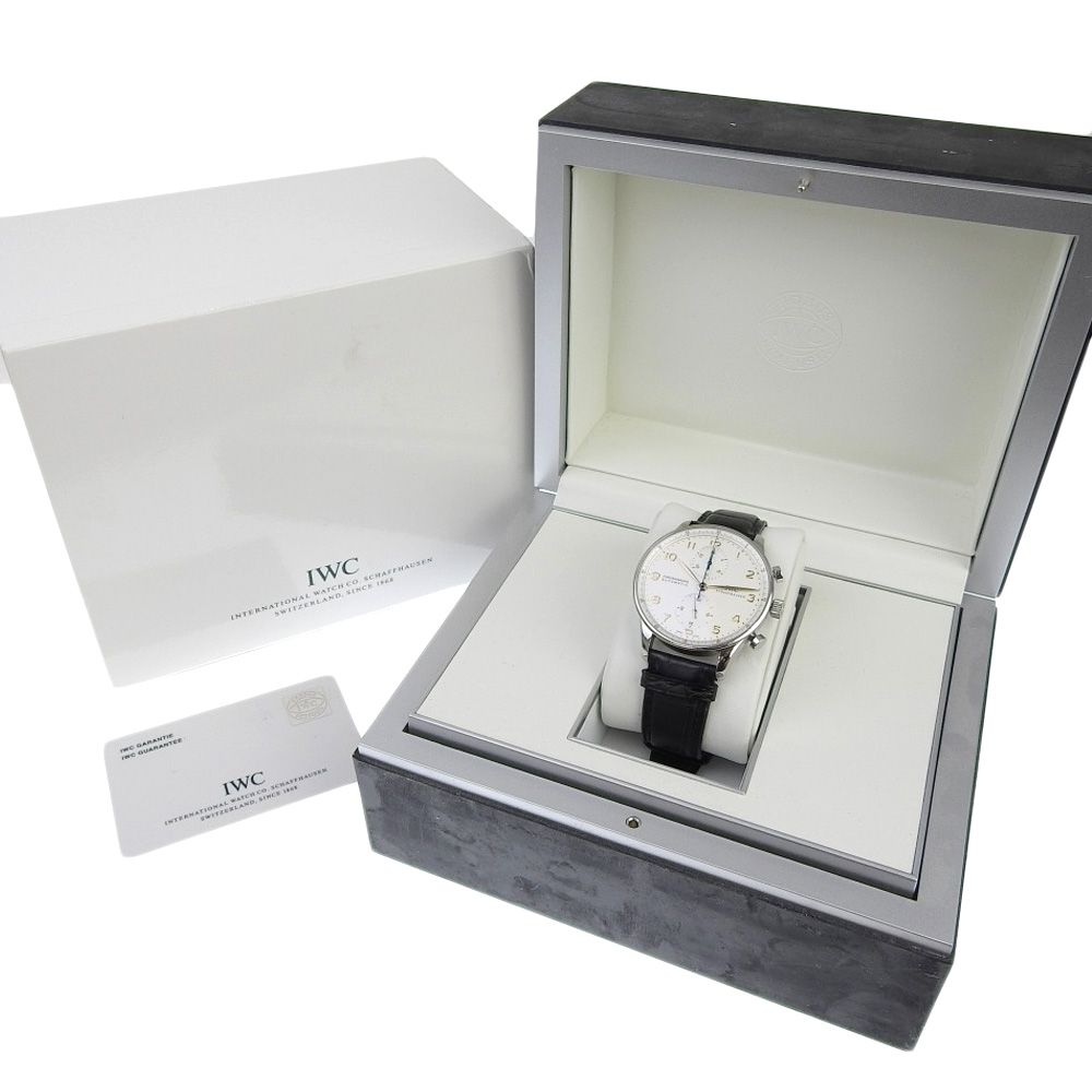 【本物保証】 箱・保付 超美品 IWC ポルトギーゼ クロノグラフ IW371445 シルバー文字盤 SS レザー 自動巻 41ミリ メンズ 腕時計 上品 本物保証】 箱・保付 超美品 IWC ポルトギーゼ クロノグラフ IW371445