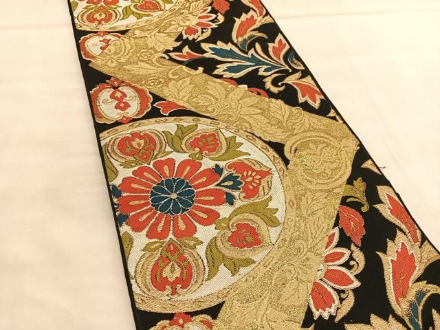 平和屋着物○六通柄 本袋帯 流水草花文 黒地 金糸 正絹 逸品