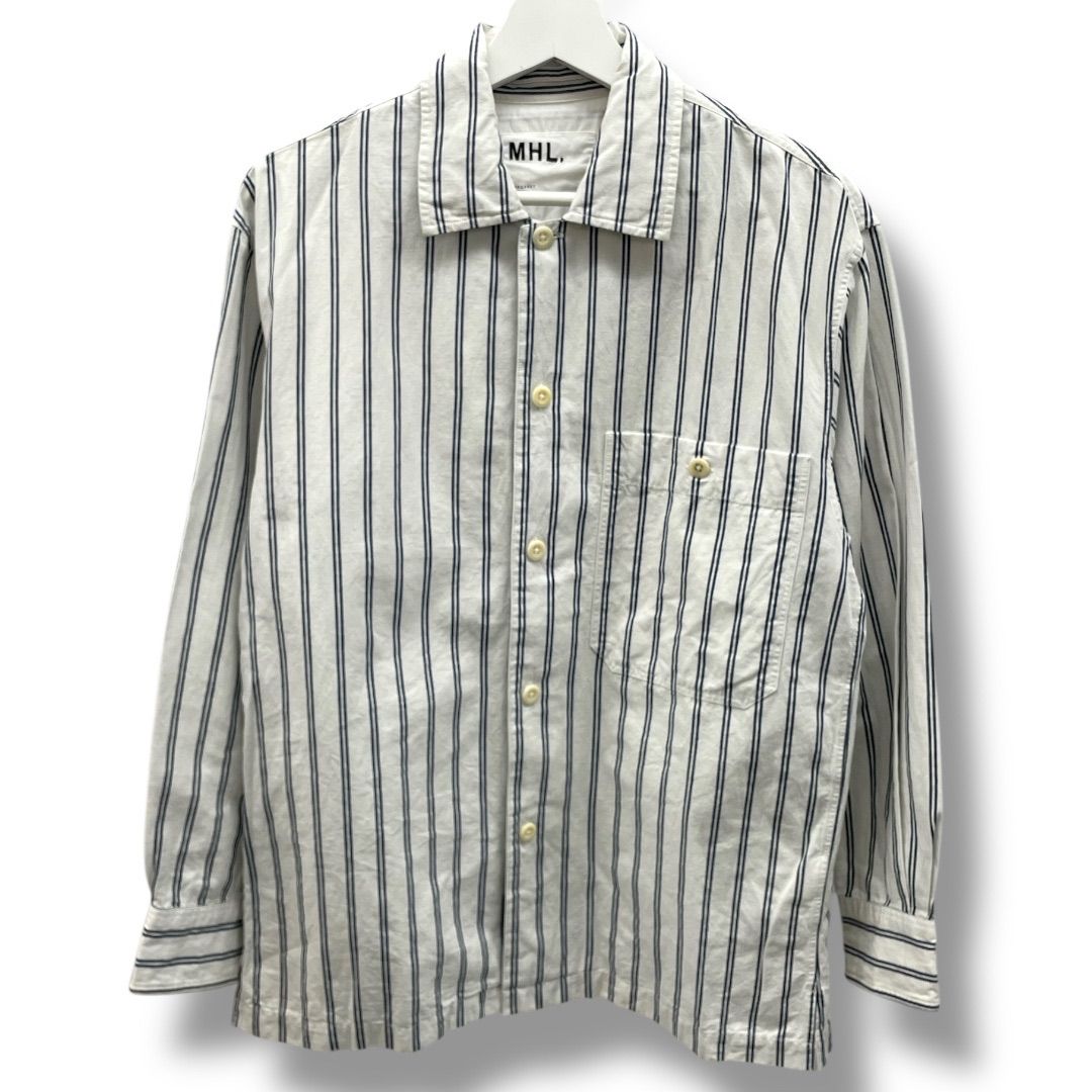 MHL. マーガレットハウエル COTTON LINEN TWIN STRIPE 長袖シャツ ストライプ柄 コットンリネン 596-0150512 白 紺色 ホワイト ネイビー Sサイズ メンズ 春 有明ガーデンrecollect店 36 No.B10385