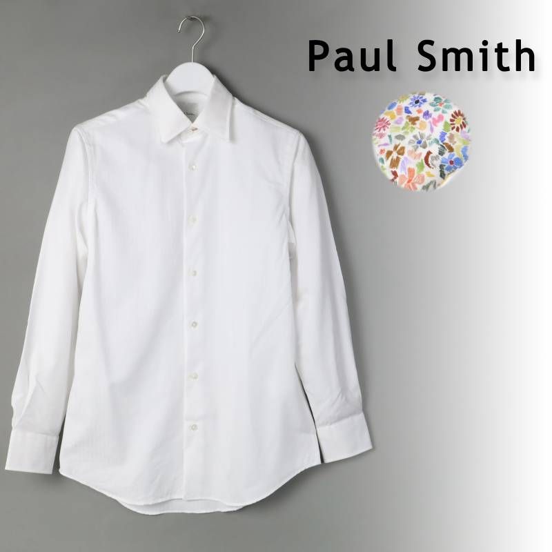 Paul Smith ポールスミス カーブストライプ ドレスシャツ | 243207 ホワイト 花柄 ビジネス カジュアル 長袖 シャツ S -478