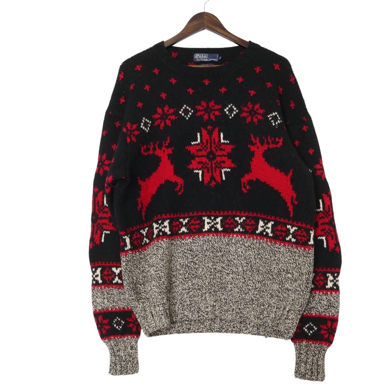 Polo by Ralph Lauren ポロ ラルフローレン ノルディックセーター ウール ニット 総柄 ブラック (メンズ M) 中古 古着 A2558