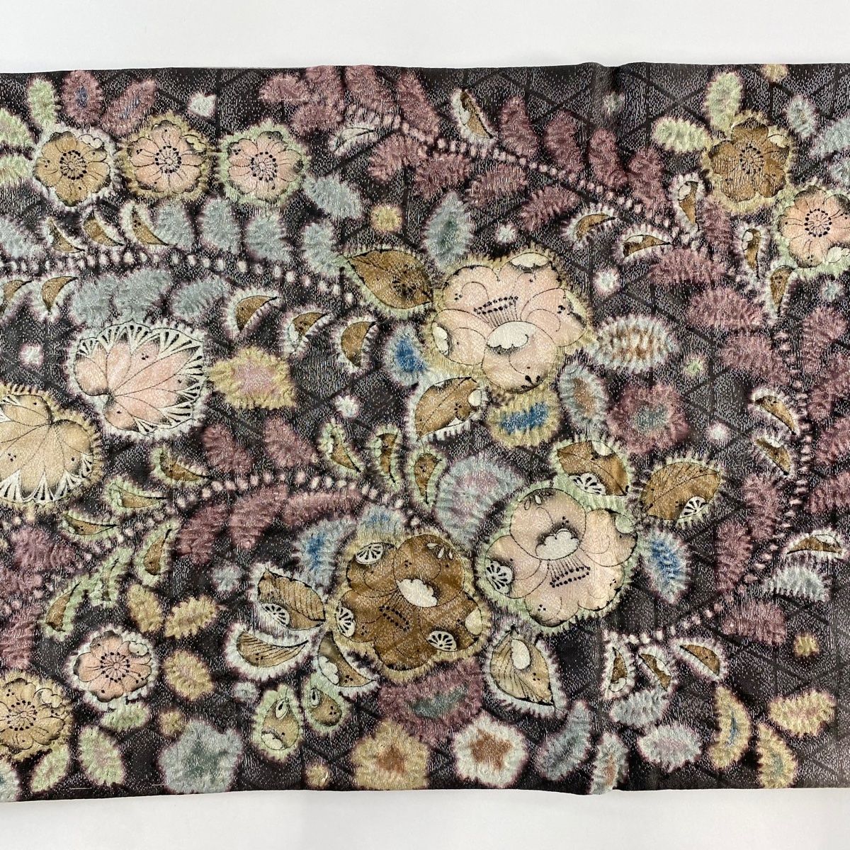 袋帯 美品 名品 辻が花柄 銀糸 灰紫 お太鼓柄 正絹 【中古