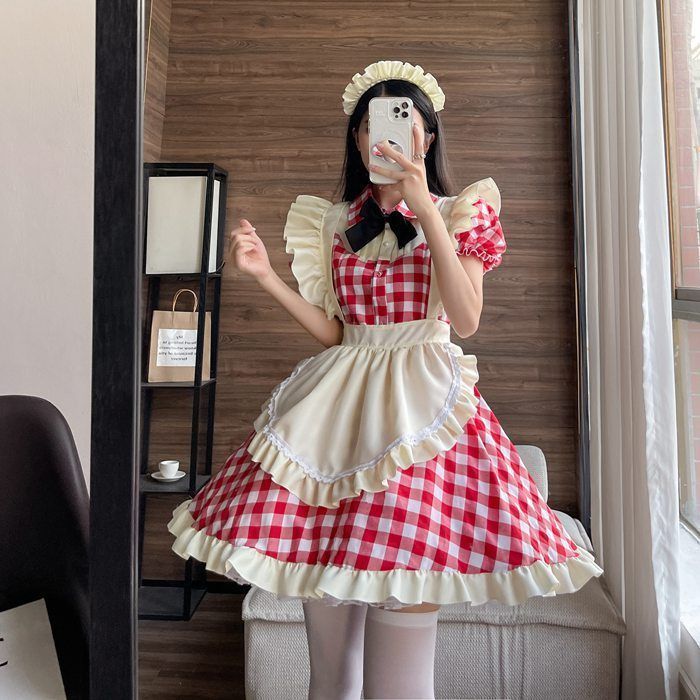 メイド服 チェック柄 喫茶店 レッド ブラック コスプレ ワンピース ロリータ 半袖 日常 萌え ハロウィン 仮装 レディース セクシー 蝶結ぶ 衣装 可愛い 大人用 luolita09