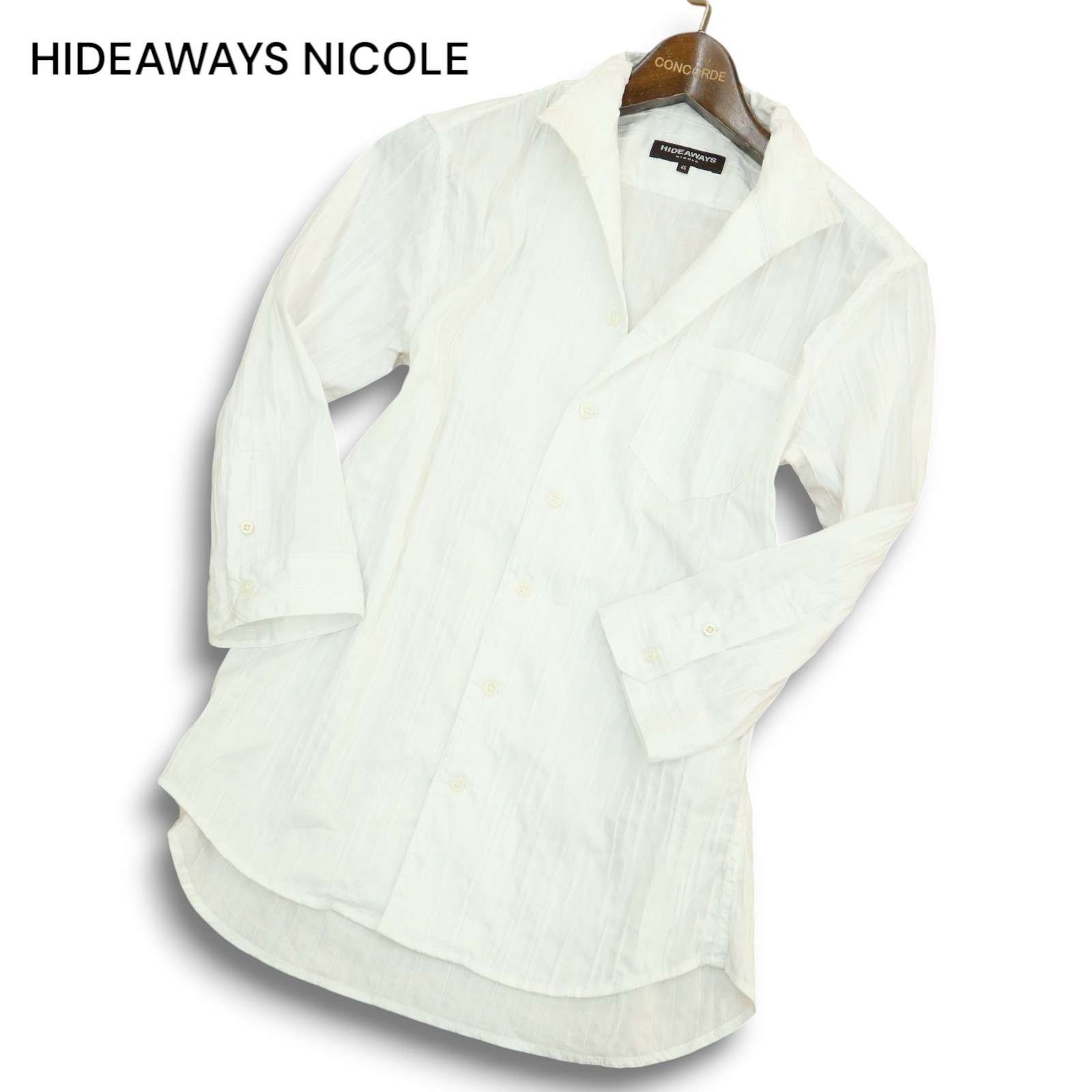 HIDEAWAYS NICOLE ハイダウェイ ニコル 春夏 襟ワイヤー タック ジャガード 7分袖 スリム シャツ Sz.46　メンズ 白