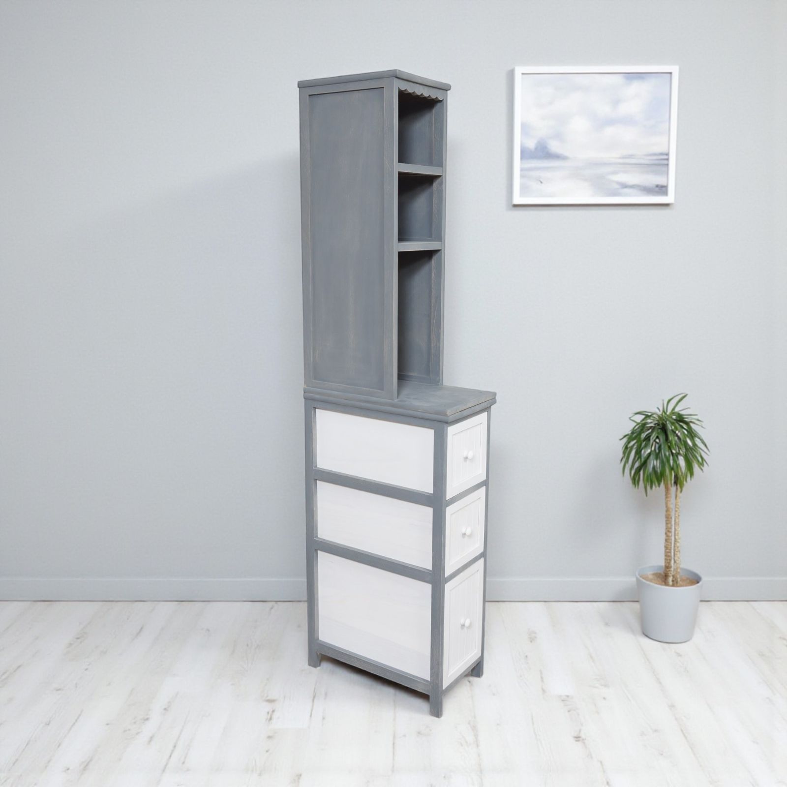 K おしゃれなツートンカラー 隙間活用 アンティーク調 洗面所 脱衣所向け 桐製スリムラック付チェスト 高さ160cm 棚 引出し収納