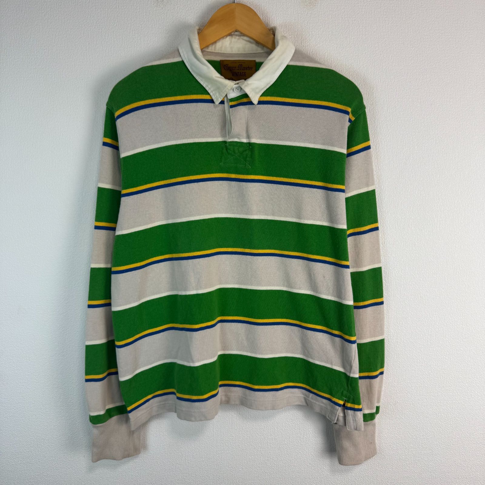 Gym Master vintage ジムマスター ヴィンテージ ラガーシャツ 長袖 ボーダー グリーン アイボリー アースカラー Lサイズ メンズ 古着 ストリート