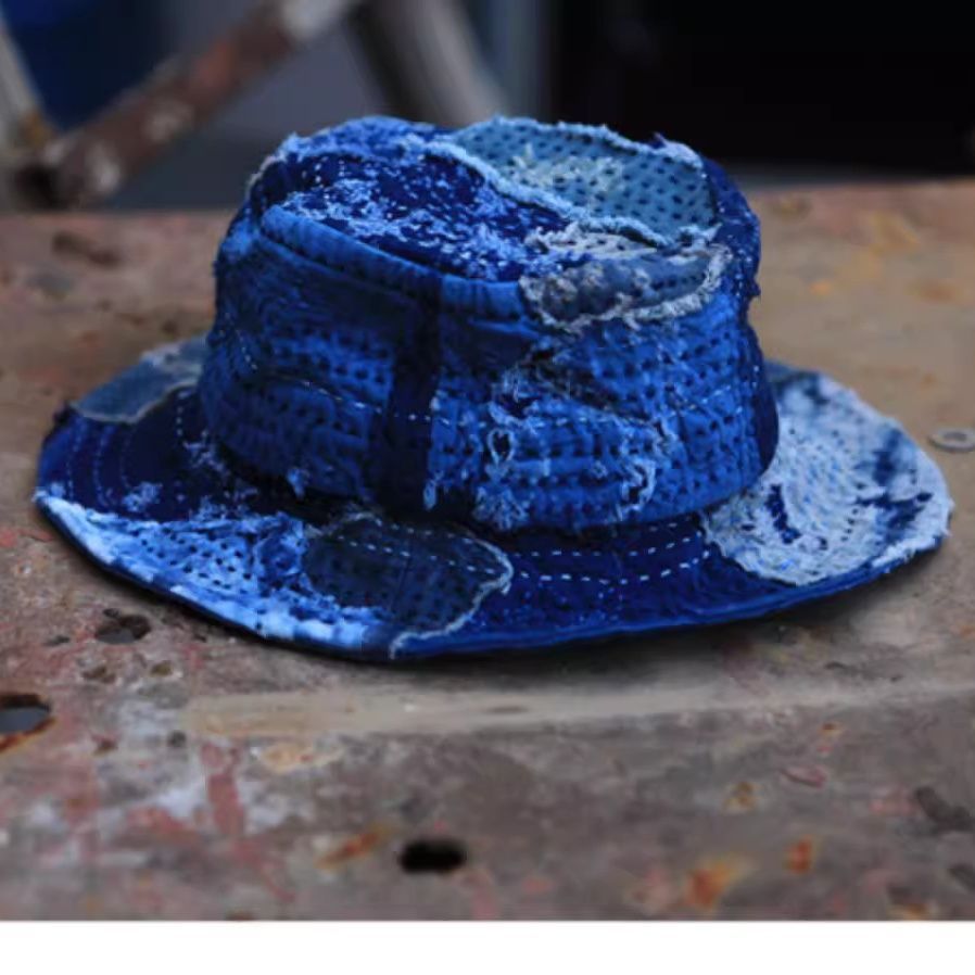ストローハット襤褸古布藍染ハントドメイド手縫い一点物 ストローハット襤褸古布藍染ハントドメイド手縫い一点物 ストロー