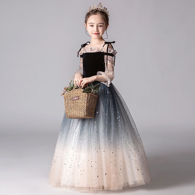 ドレス子供長袖キッズ発表会ピアノフォーマルチュールワンピースフ