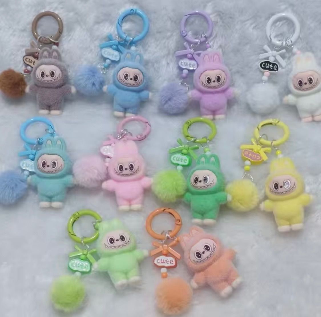 全カラー10個 ラブブ Labubu キーホルダー ミニ ポンポンリボン付き