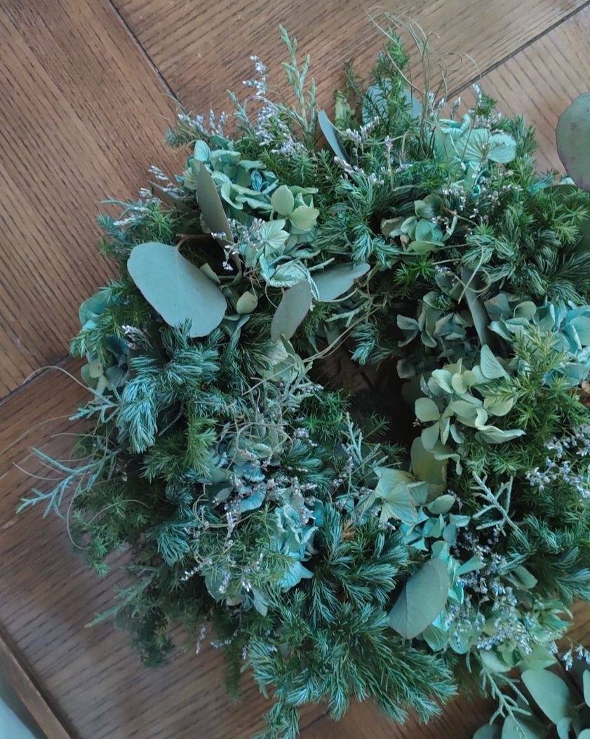 34cm程/ブルーバードと紫陽花のXmasリース/グリーンリース/生花/ドライ 