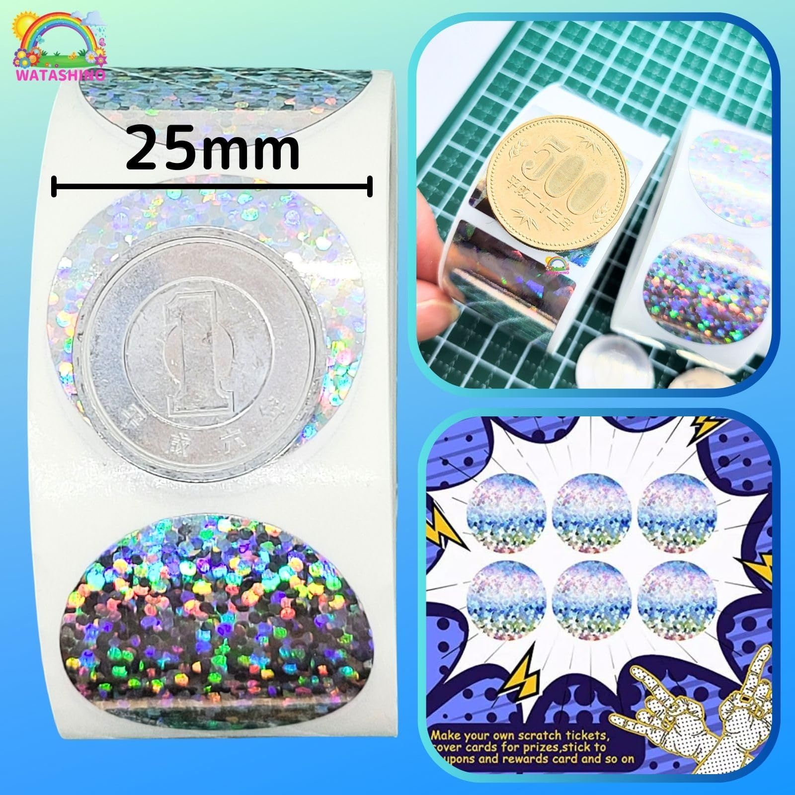 [WATASHINO] スクラッチシール くじ くじ引き 削る 削れる キラキラ シール スクラッチ (丸 × 正方形 25mm  600枚(各300)) [丸 × 正方形 25mm 600枚(各300)]