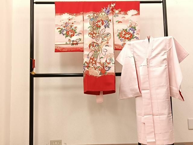 平和屋着物[]お宮参り　女の子　祝着　産着　初着　のしめ　友禅　檜扇花文　暈し染め　金彩　逸品　未使用　AABD1814ja