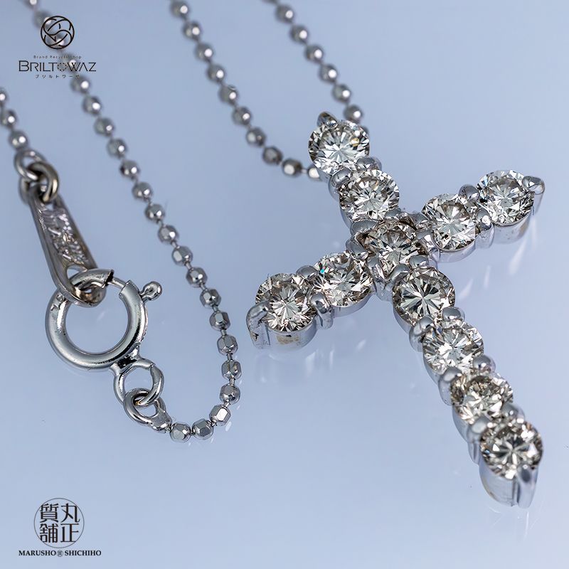 K18WG クロスダイヤモンド ペンダント ネックレス ホワイトゴールド D1.00ct 3.4g 4月誕生石 ジュエリー レディース  USED【中古】【丸正質舗】【質屋】【ブリルトワーゼ】（M212120s)