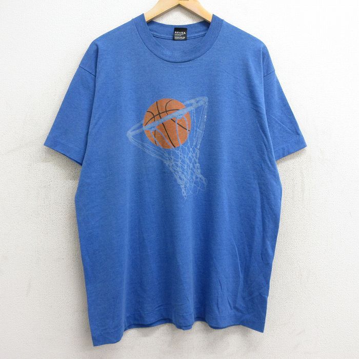 XL/古着 スクリーンスターズ 半袖 ビンテージ Tシャツ メンズ 80s バスケットボール 手描きペイント フロッキープリント クルーネック 青 